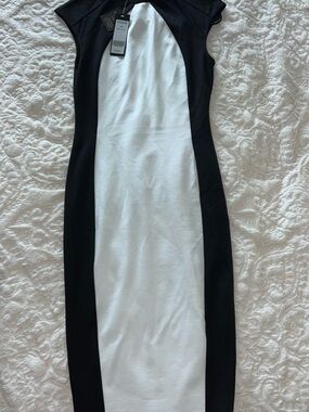 bebe Black and White Colorblock Midi Sheath Dress